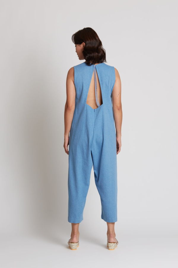 KAAREM Woven Angle Open Back Pocket Onesie - Light Blue II