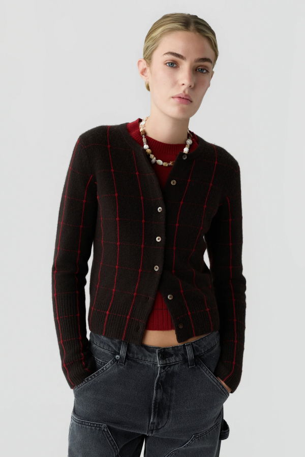 Guest in Residence Jane Checker Cardigan - Burnt Cocoa/Carmine