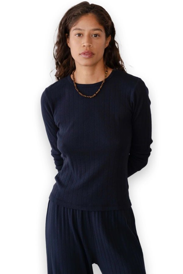 Donni. The Pointelle Long Sleeve Top - Navy