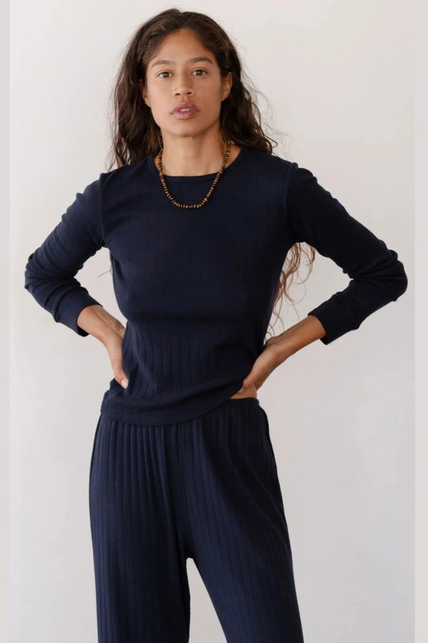 Donni. The Pointelle Long Sleeve Top - Navy