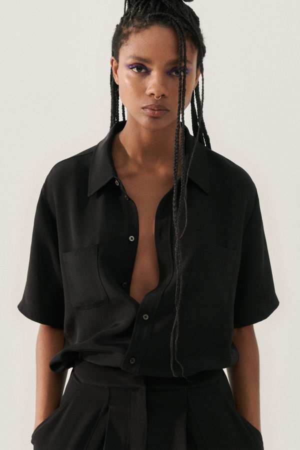 Silk Laundry CDC Short Sleeve Boyfriend Shirt - Black