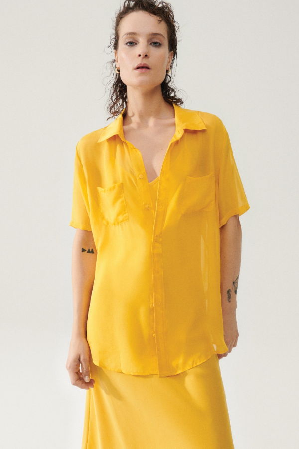 Silk Laundry Chiffon Short Sleeve Boyfriend Shirt Goldfinch