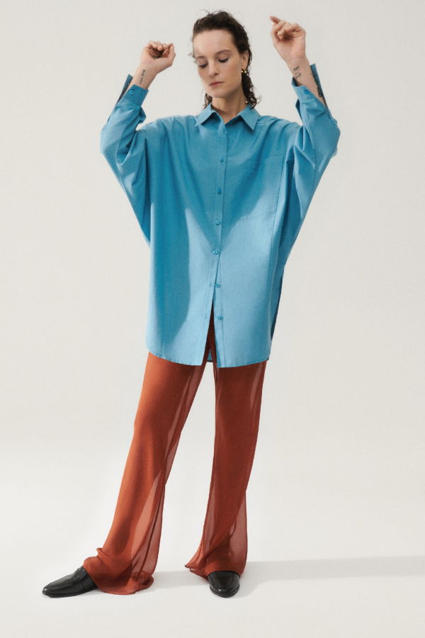 Silk Laundry Cotton Silk Round Shirt - Lake