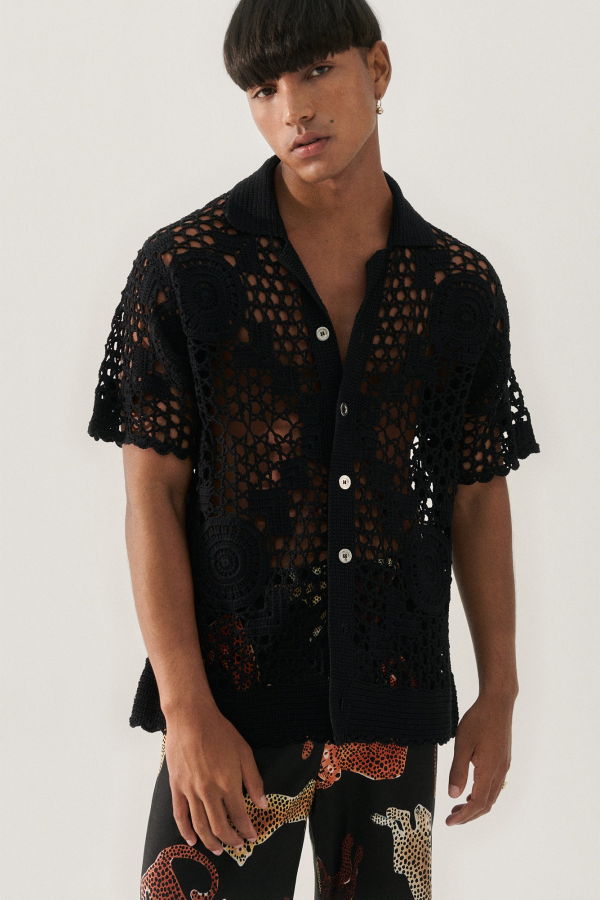 Silk Laundry Crochet Grandpa Shirt - Black