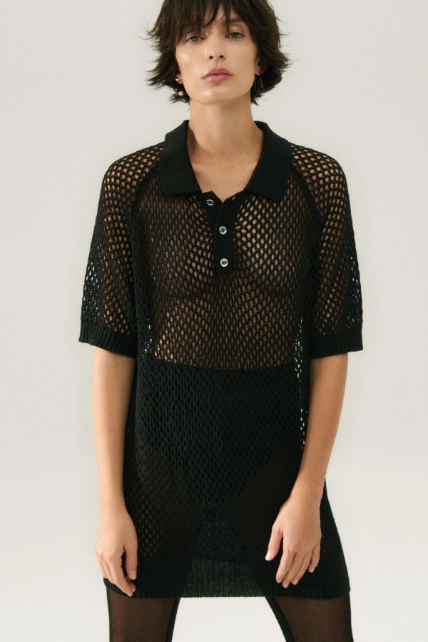 Silk Laundry Crochet Raglan Polo - Black