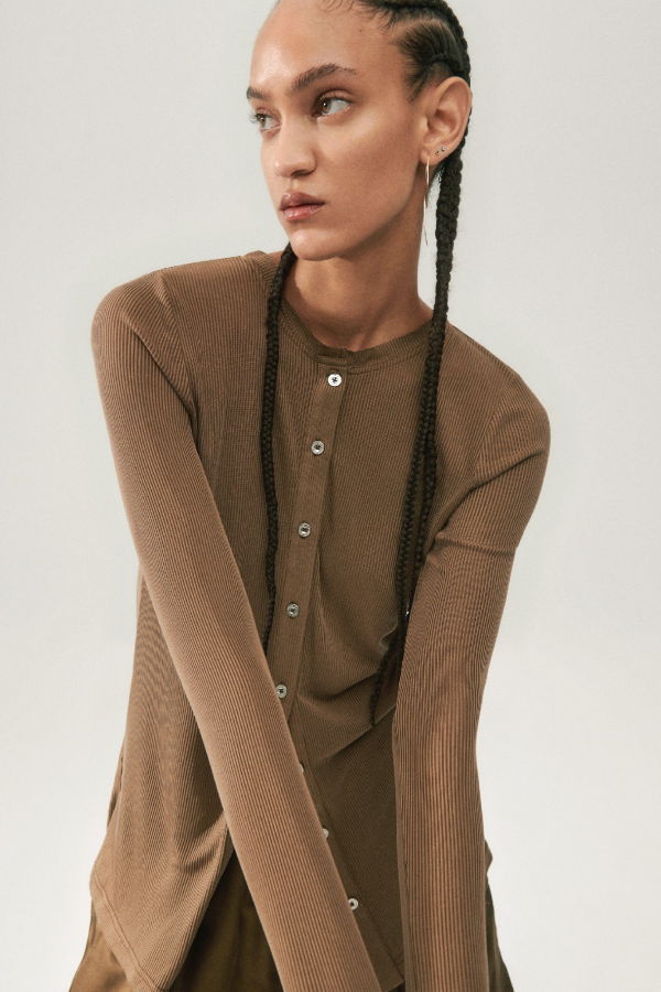 Silk Laundry Ribbed Kia Cardigan - Dark Earth