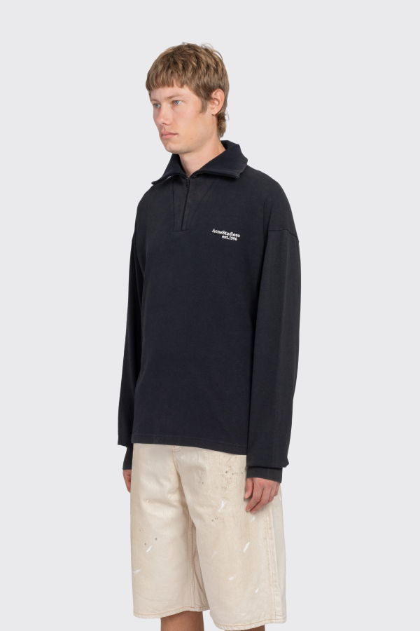 Acne Studios Half Zip Funnel Neck Embroidered Sweatshirt - Black