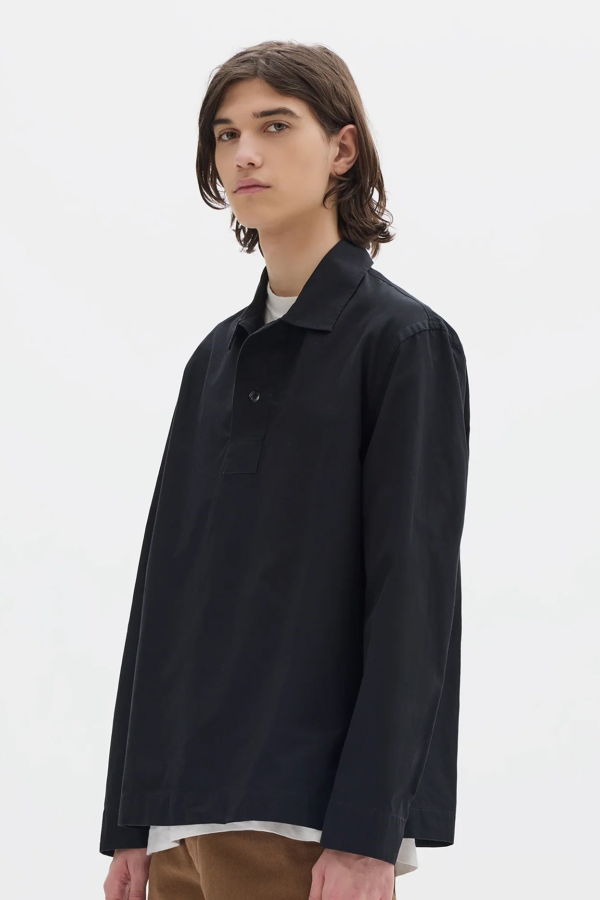 Margaret Howell Long Sleeve Offset Placket Polo Denim Plainweave