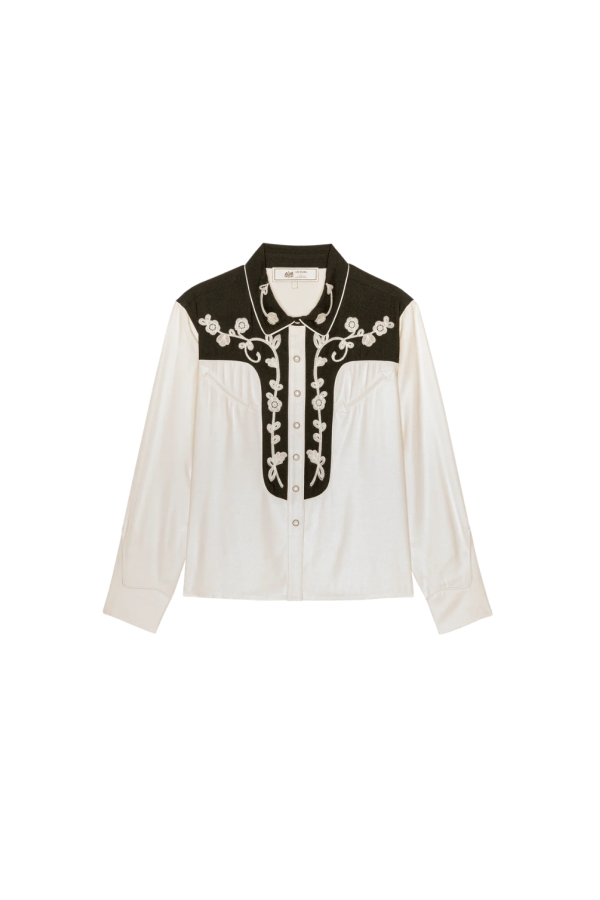 The Great. Colorblock Embroidered Western Shirt - Black / Cream