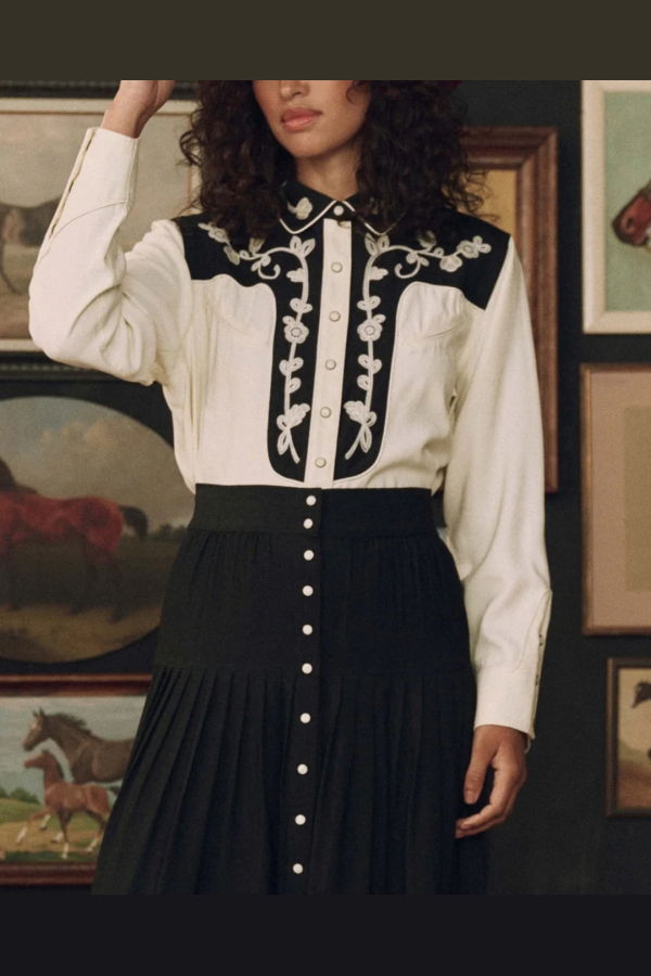 The Great. Colorblock Embroidered Western Shirt - Black / Cream