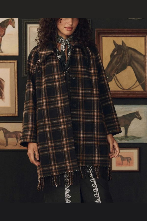The Great. Fringe Coat - Caramel/Black Frontier Plaid