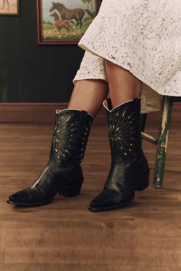 The Great. Southwest Cowboy Boot - Black / Gold Sunburst