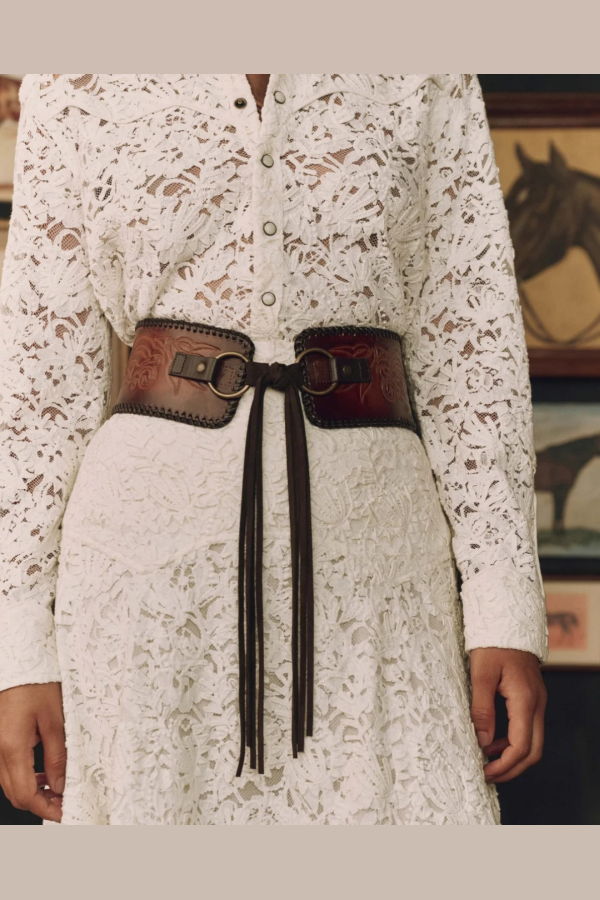The Great. The Tooled Corset Belt - Burnished Brown
