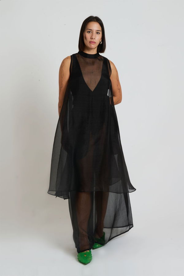 Glass Overlap Side Slit Organza Silk Dress - Black