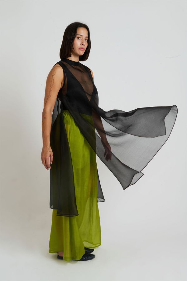 Glass Overlap Side Slit Organza Silk Dress - Black