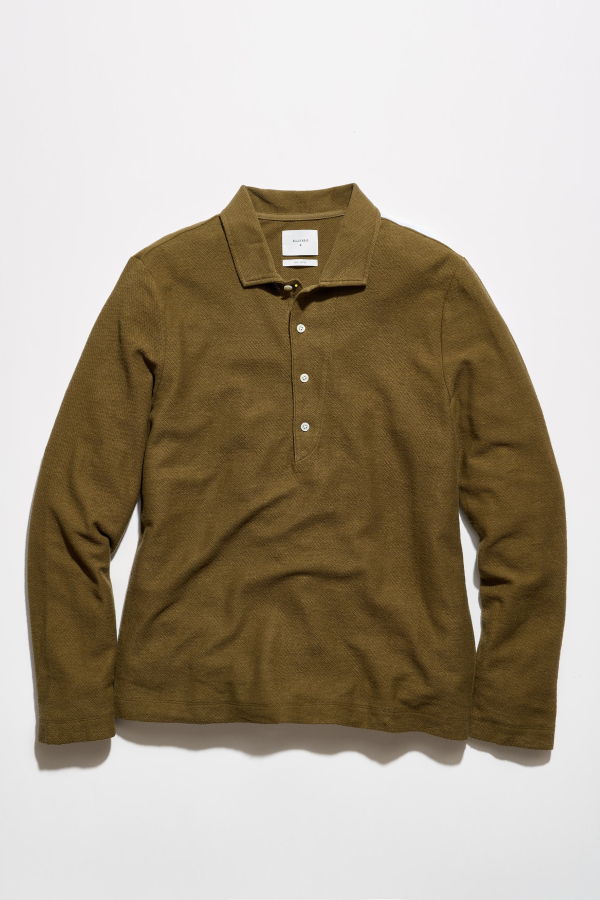 Billy Reid Long Sleeve Hemp Cotton Twill Polo - Olive