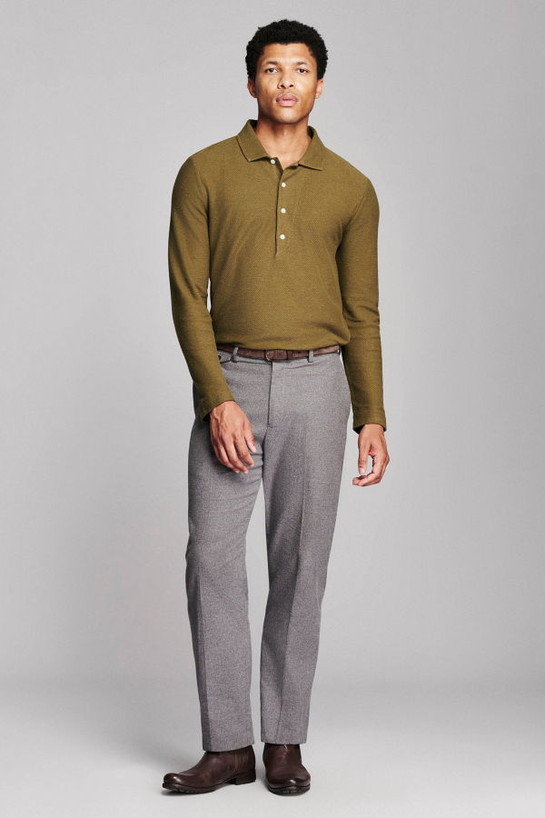 Billy Reid Long Sleeve Hemp Cotton Twill Polo - Olive