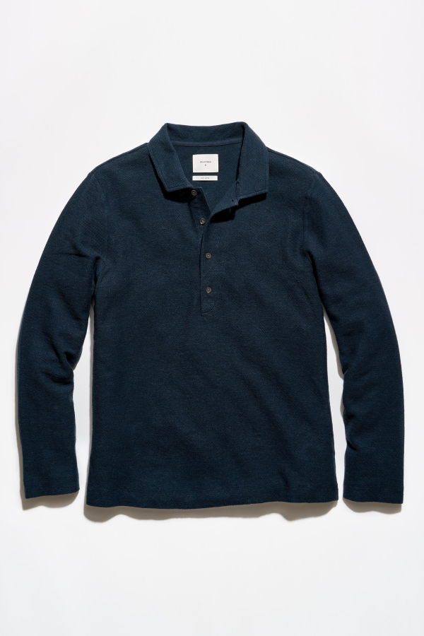 Billy Reid Long Sleeve Hemp Cotton Twill Polo - Carbon Blue