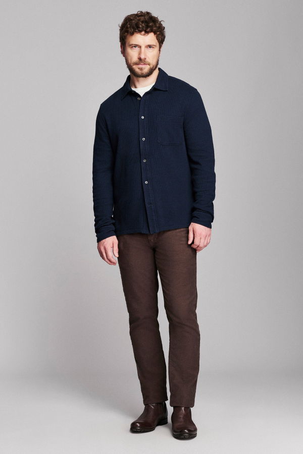 Billy Reid Long Sleeve Hemp Cotton Twill Polo - Carbon Blue