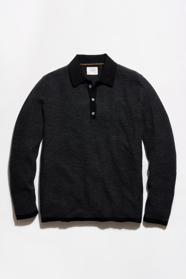 Billy Reid Long-Sleeve Step Jacquard Sweater Polo - Charcoal Multi