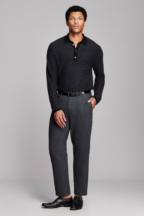 Billy Reid Long-Sleeve Step Jacquard Sweater Polo - Charcoal Multi
