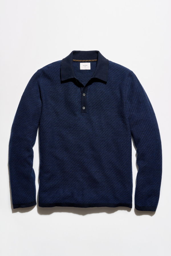 Billy Reid Step Jacquard Sweater Polo - Carbon Blue Multi