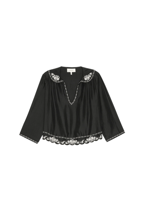 The Great. Embroidered Floral Peter Pan Collar Top - Black