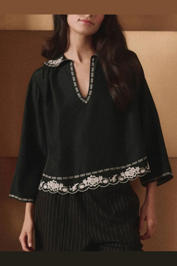 The Great. Embroidered Floral Peter Pan Collar Top - Black