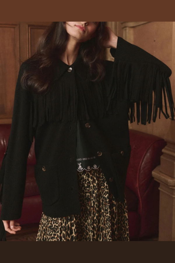 The Great. The Western Fringe Sweater Jacket - Black