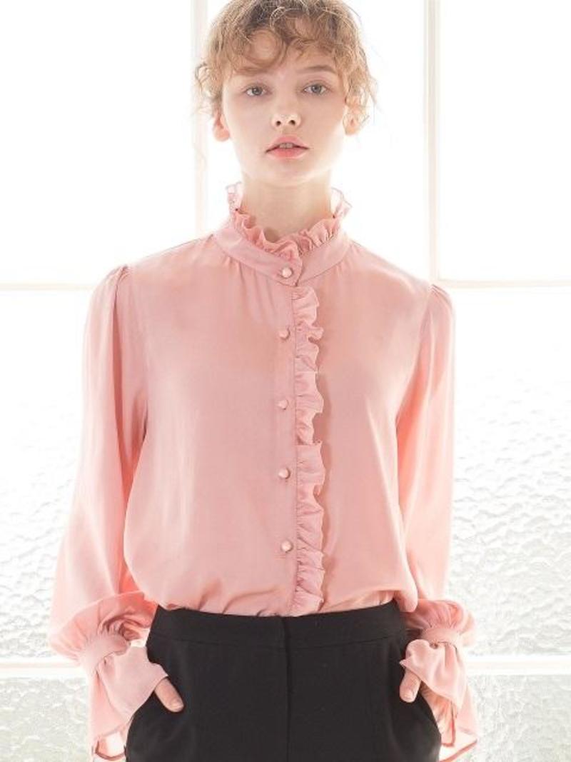 pink ruffle neck blouse