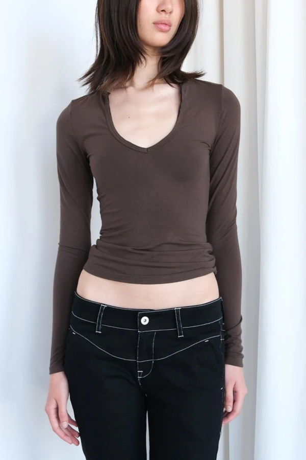Geel Jolene Fitted V-Neck Long Sleeve Top - Ash