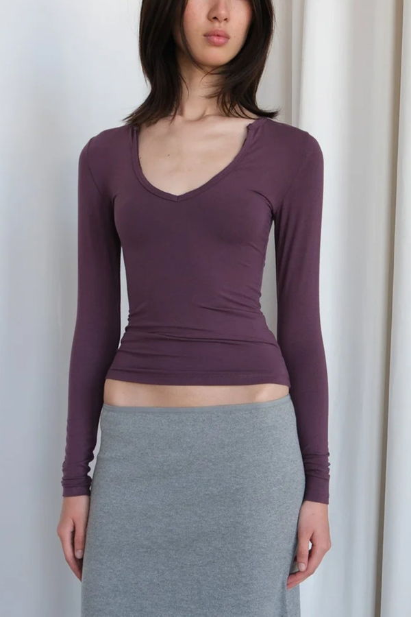 Geel Jolene Fitted V-Neck Long Sleeve Top - Purple