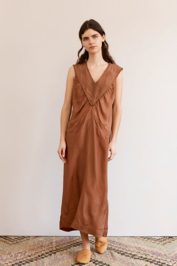 Caramel Embroidered Panelled Silk Dress