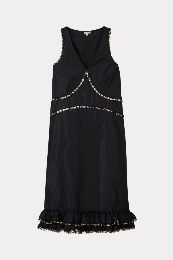 Caramel V-Neck Frill Dress Silk Taffeta