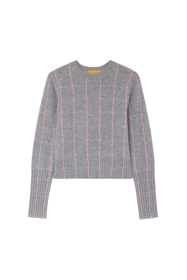 Guest in Residence Shrunken Checker Crew Sweater - Heather Grey/Sprinkle