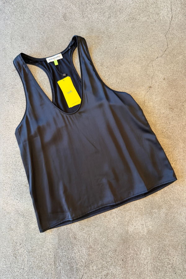 WAVEKELLY Satin Scoop Neck Racerback Cropped Tank - Black