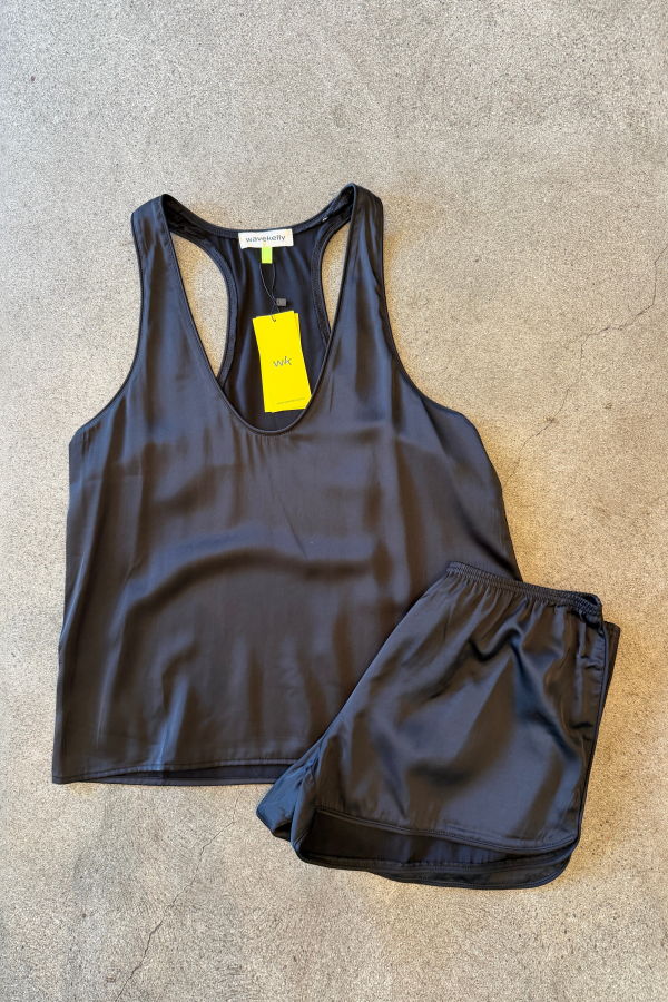 WAVEKELLY Satin Scoop Neck Racerback Cropped Tank - Black