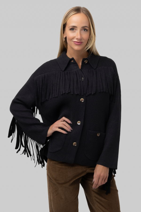 The Great. The Western Fringe Sweater Jacket - Black