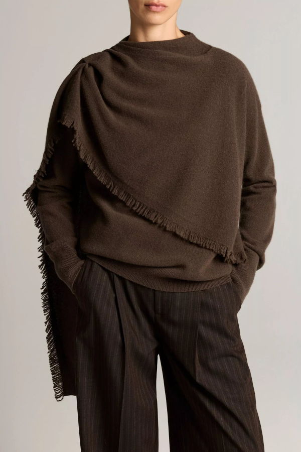 VINCE Fringed Draped-Shawl Wool-Cashmere Sweater - Pinewood