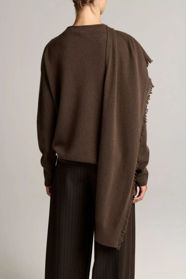 VINCE Fringed Draped-Shawl Wool-Cashmere Sweater - Pinewood