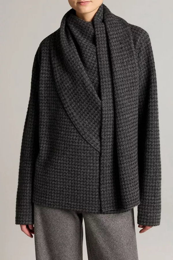 VINCE Houndstooth Draped Shawl Wool-Cashmere Sweater - Gray