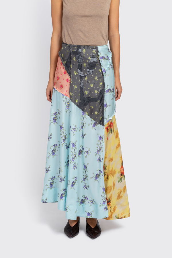 Ganni Multi Printed Silk Twill Fluid Skirt - Aqua