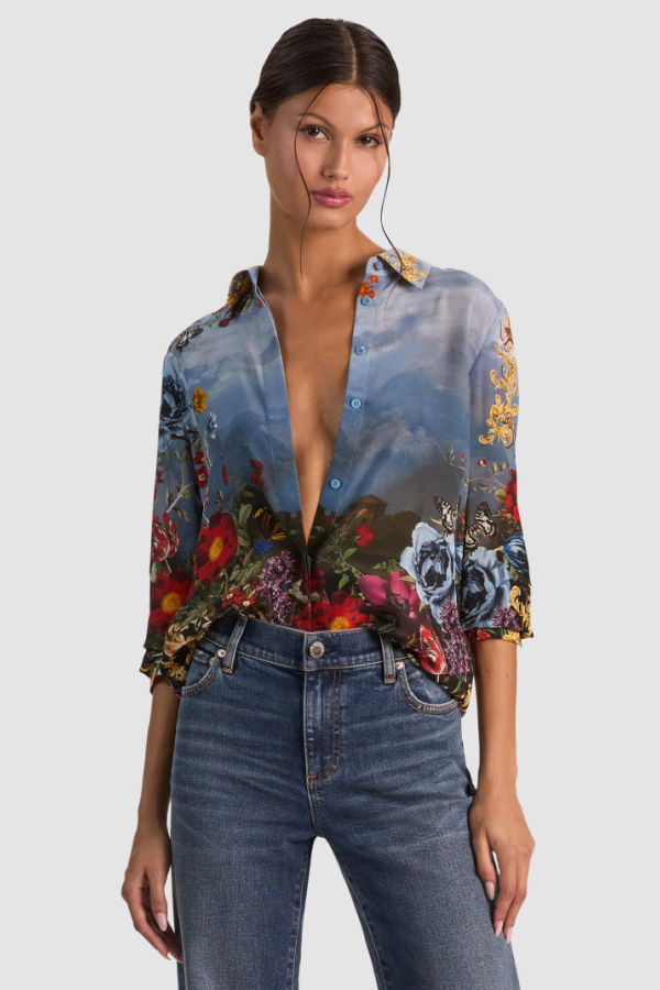 Alice + Olivia Willa Placket Top - Night Shade Flora