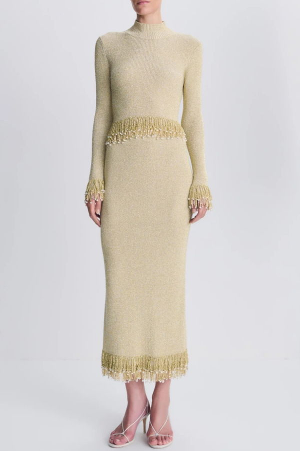 Jonathan Simkhai Zeni Pearl Fringe Midi Skirt - Gold
