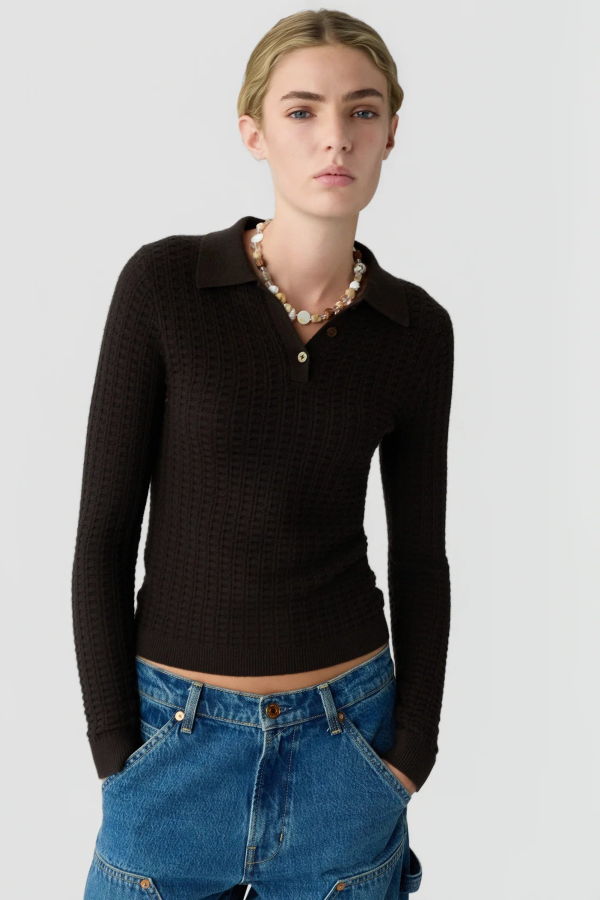 Guest in Residence Long Sleeve Shrunken Cashmere Waffle Polo