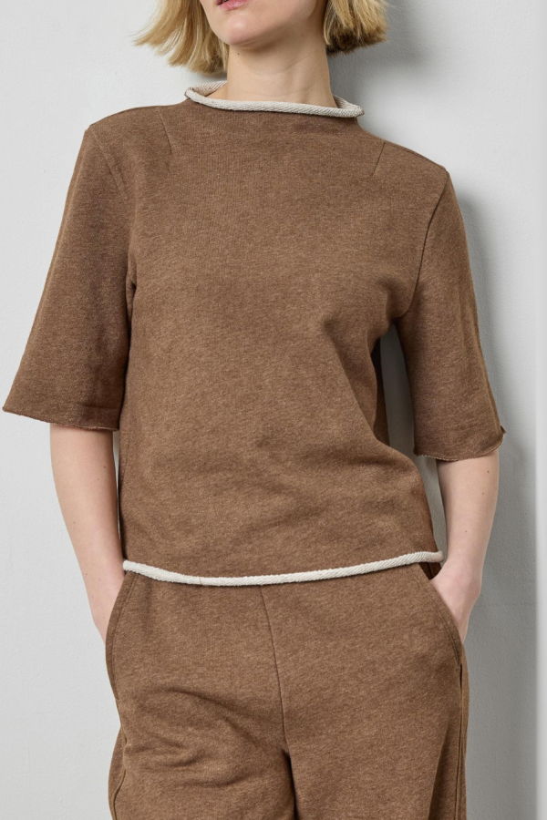 Lilla P. Roll Neck Short Sleeve Sweatshirt - Cocoa Heather