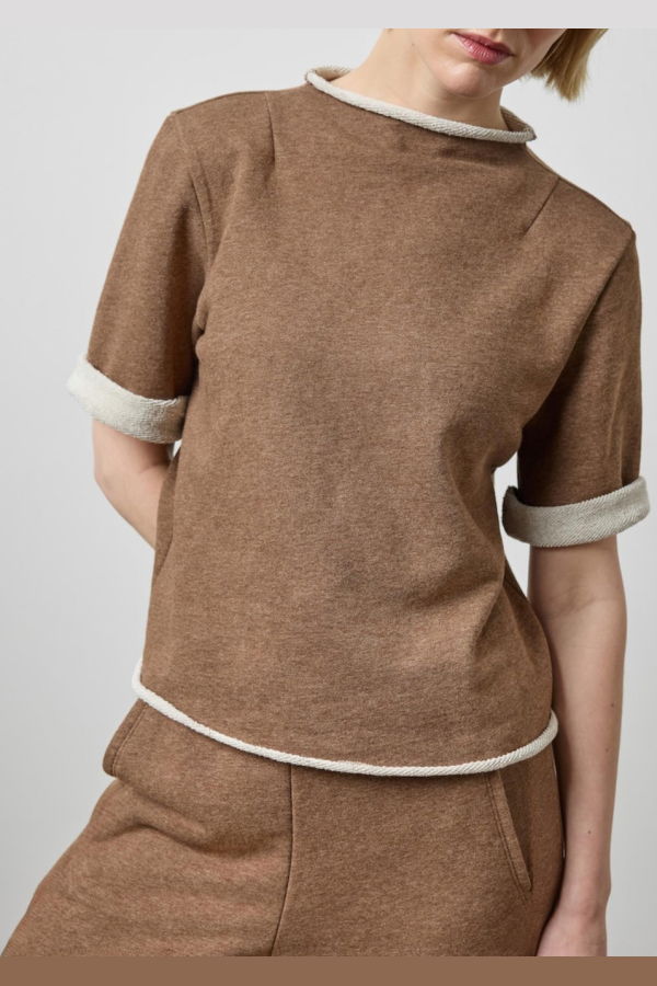 Lilla P. Roll Neck Short Sleeve Sweatshirt - Cocoa Heather