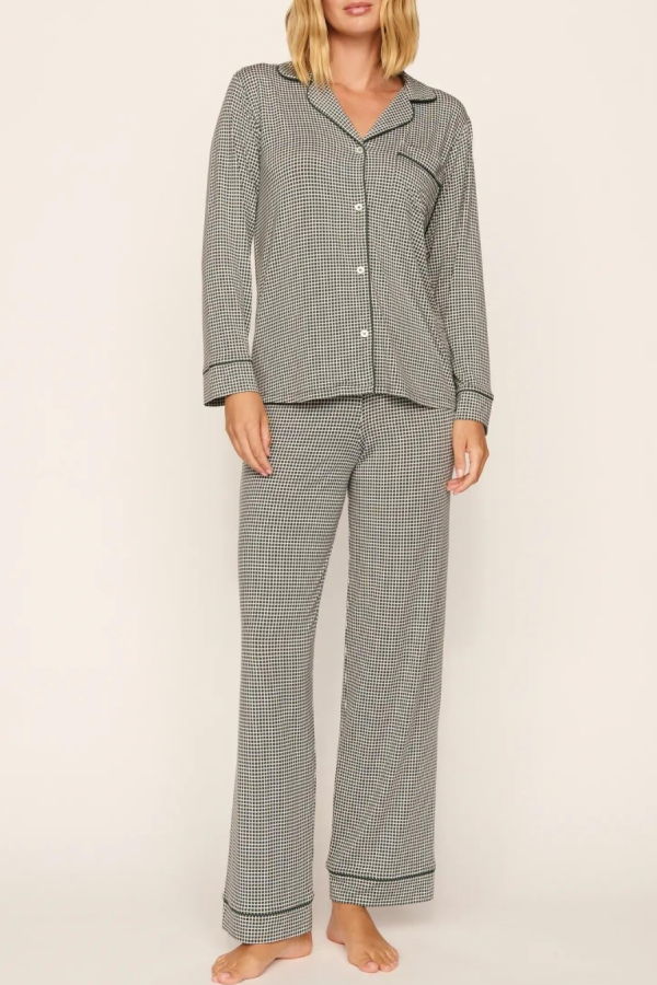 Eberjey Gisele Printed Long PJ Set - Cabin Check Ivory / Pine