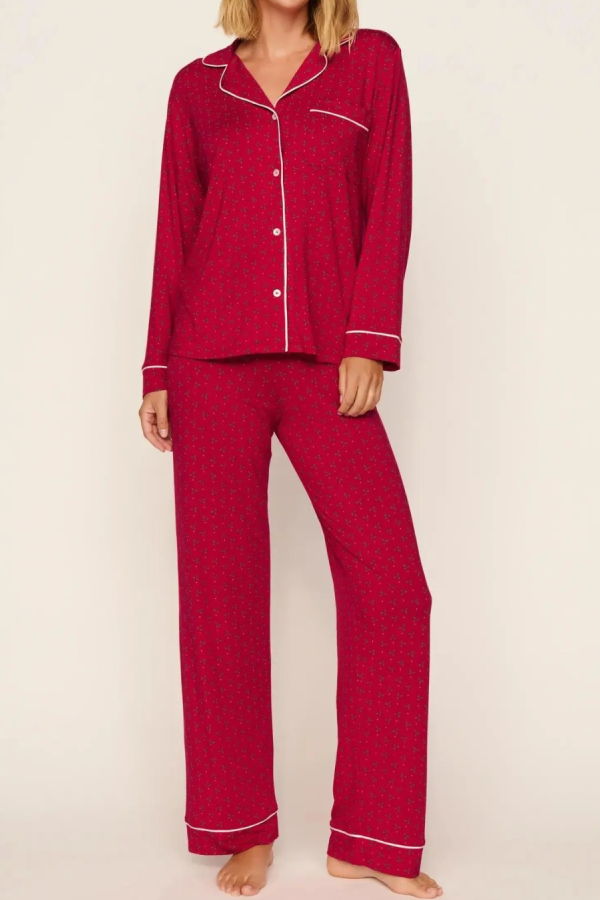 Eberjey Gisele Printed Long PJ Set - Hollyberry / Holly Red / Ivory