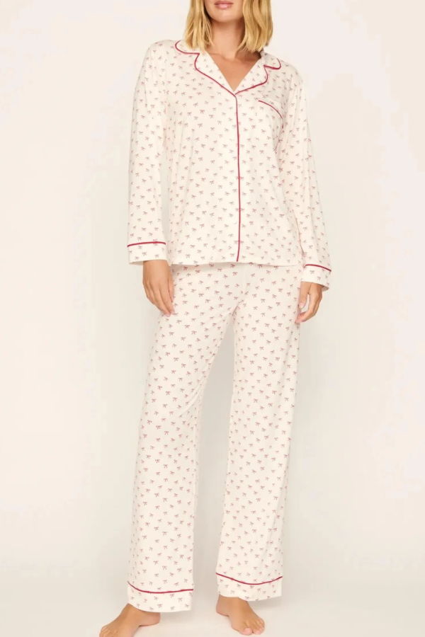 Eberjey Gisele Printed Long PJ Set - Mini Bow Ivory/Holly Red